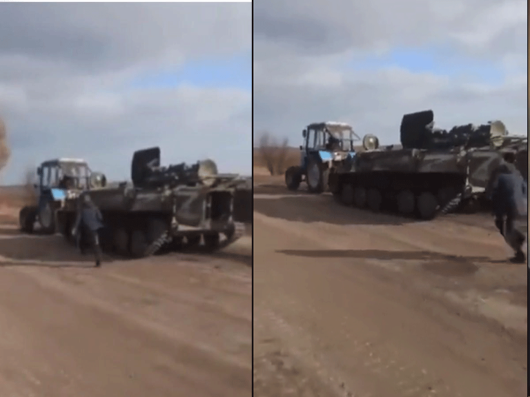 ¡VIDEO! Agricultores ucranianos roban tanques militares con tractores